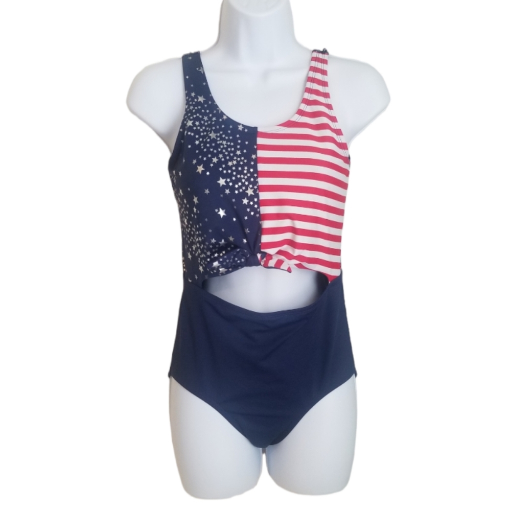 JUSTICE One Piece cut out American Flag Swimsuit. Size 16